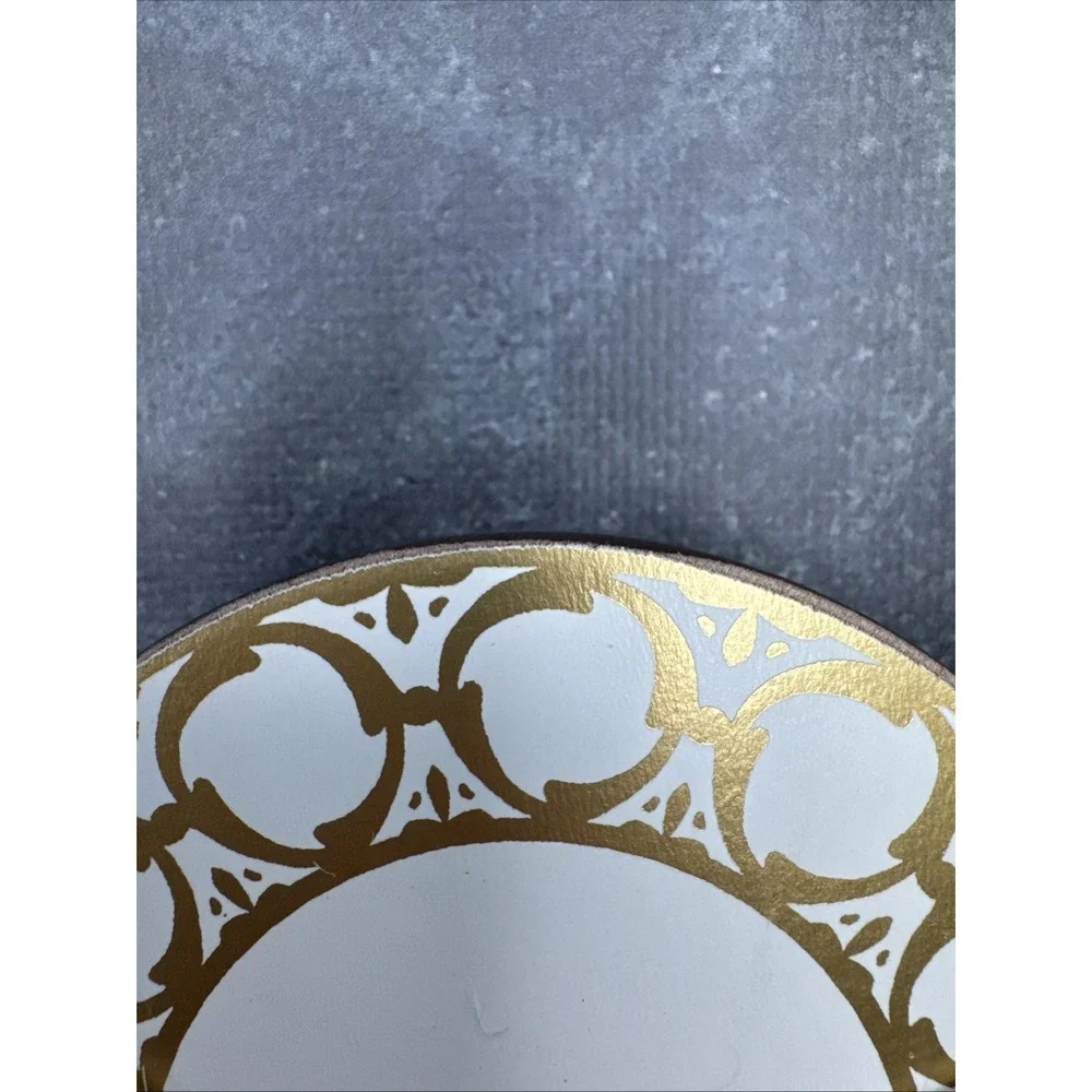 Pottery Barn Drink Coasters Set‎ 4 White & Gold Tile Pattern Cork Bottom Barware